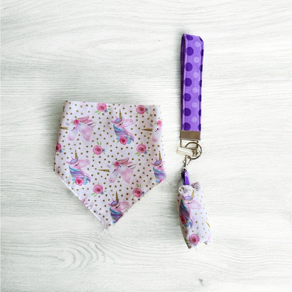 Unicorn Print Puppy Bandana and Potty Bag Holder Keychain